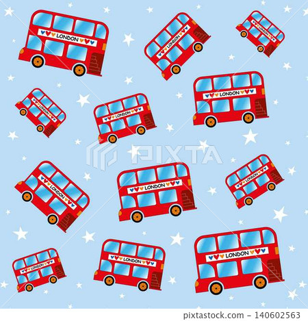 A pattern of red double-decker London buses scattered on a light blue background filled with white stars. A pattern of red double-decker London buses scattered on a light blue background filled with white stars. 140602563