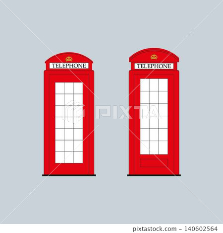 British red telephone booths isolated. Two red British telephone booths, models K2 and K6, are illustrated side by side on a plain light grey background. British red telephone booths isolated. Two red British telephone booths, models K2 and K6, are illustrated side by side on a plain light grey background. 140602564