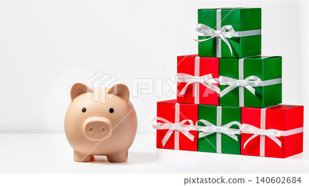 Small piggy bank beside stacked green and red gift boxes with white ribbons on white surface 140602684