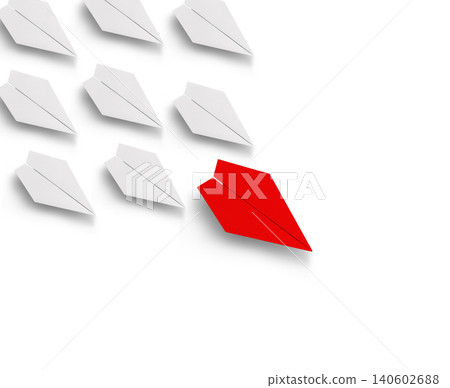 Single red paper airplane flying ahead of arranged white paper airplanes over white surface Single red paper airplane flying ahead of arranged white paper airplanes over white surface 140602688