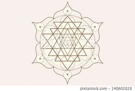 Sri Yantra lotus mandala, vintage sacred geometry used in Hinduism, Tantrism as a tool for meditation and concentration to harmonize the mind and promote spiritual awakening, vector isolated on white 140602828