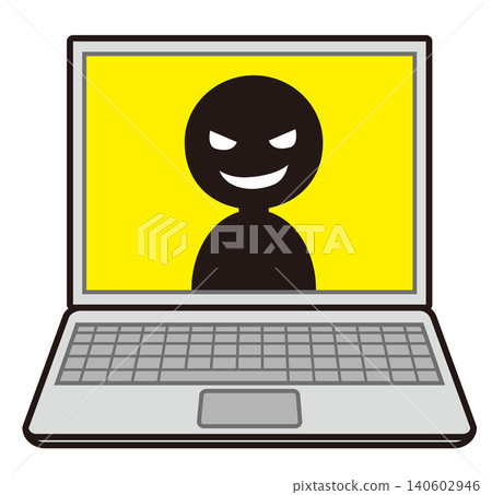 一幅筆記型電腦的插圖，螢幕上顯示著一個反派角色。 140602946