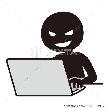 Illustration of a villain operating a computer Illustration of a villain operating a computer 140602947