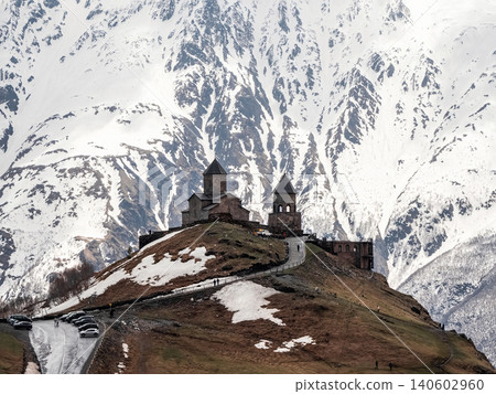 The 14th-century Gergeti Trinity Church situated in Stepantsminda, Georgia 140602960