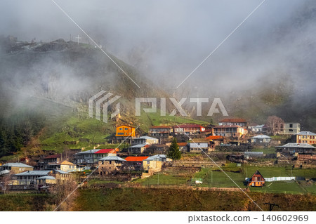 Amazing morning view of Stepantsminda, located in the Caucasus Mountains of Georgia Amazing morning view of Stepantsminda, located in the Caucasus Mountains of Georgia 140602969