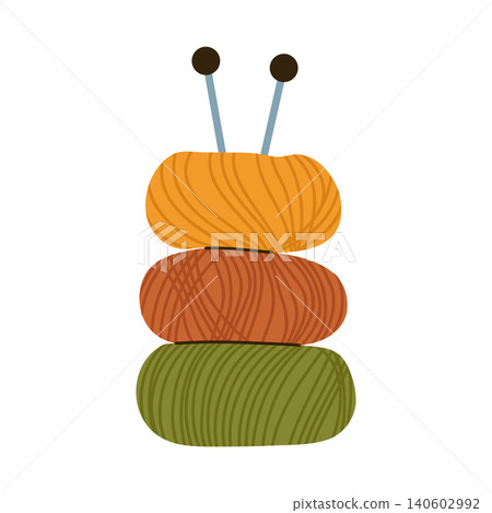 Stack of colorful yarn balls with knitting needles hobby 140602992