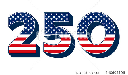 The number 250, filled with American national flag pattern, as a symbol and sign for the United States celebrating its 250th anniversary, the Semiquincentennial of Independence on July 4, 2026. Vector The number 250, filled with American national flag pattern, as a symbol and sign for the United States celebrating its 250th anniversary, the Semiquincentennial of Independence on July 4, 2026. Vector 140603106