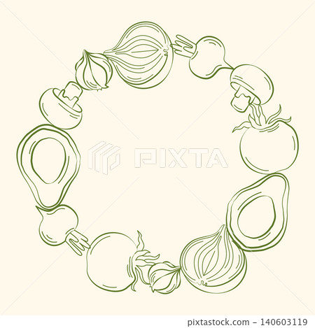 Hand-drawn summer vegetable round decorative frame for farmers market decor, grocery, seasonal packaging, ingredients, menu 140603119