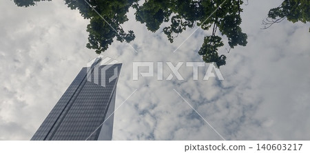 Tower rises against cloudy sky with tree branches in view in urban area Tower rises against cloudy sky with tree branches in view in urban area 140603217