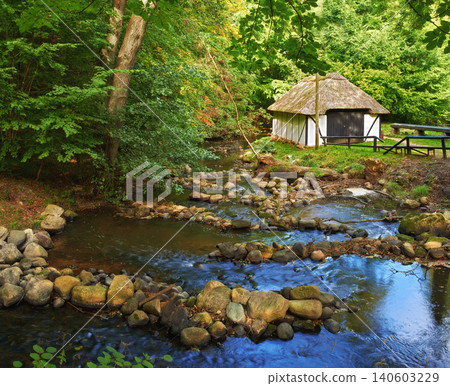 Countryside, forest and river with vintage cabin in nature with bushes, environment and conservation in Virginia. Village, woods and storage with rust in ghost town and isolated neighborhood 140603229