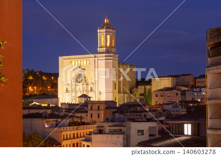 Illuminated Cathedral and Historic Center at Dusk in Girona Catalonia Spain Illuminated Cathedral and Historic Center at Dusk in Girona Catalonia Spain 140603278
