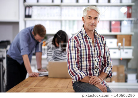 Mature businessman, relax and confident in portrait in office and pride as manager of creative team. Professional person, ambition or face of designer for job satisfaction or experience in workplace Mature businessman, relax and confident in portrait in office and pride as manager of creative team. Professional person, ambition or face of designer for job satisfaction or experience in workplace 140603290