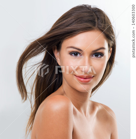 Woman, portrait and makeup cosmetics for beauty confidence on white background for skincare, treatment or mockup space. Female person, model and face in studio with healthy, wellness or dermatology Woman, portrait and makeup cosmetics for beauty confidence on white background for skincare, treatment or mockup space. Female person, model and face in studio with healthy, wellness or dermatology 140603300