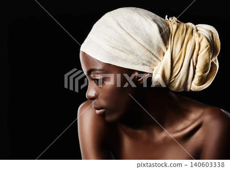 Beauty, studio and profile of black woman with headscarf, natural makeup or creative aesthetic in mockup. Art, skincare and African girl on dark background with wrap, facial cosmetics and confidence. 140603338