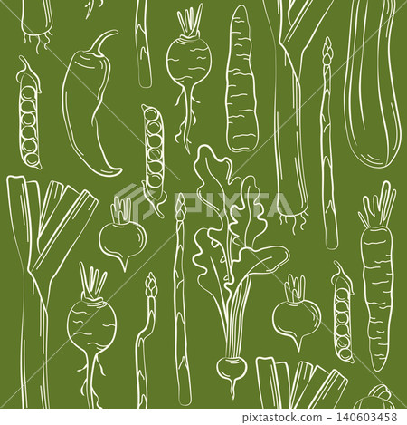 Hand-drawn summer vegetable seamless pattern with leek, asparagus, carrot for grocery, farmer market decor, seasonal packaging Hand-drawn summer vegetable seamless pattern with leek, asparagus, carrot for grocery, farmer market decor, seasonal packaging 140603458