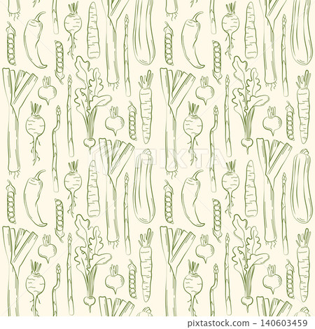 Hand-drawn summer vegetable seamless pattern with leek, asparagus, radish for grocery, farmer market decor, seasonal packaging 140603459
