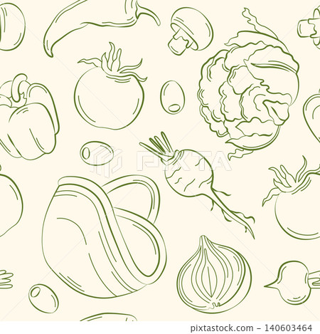 Hand-drawn summer vegetable seamless pattern with onion, cauliflower, radish for grocery, farmer market decor, seasonal packaging Hand-drawn summer vegetable seamless pattern with onion, cauliflower, radish for grocery, farmer market decor, seasonal packaging 140603464