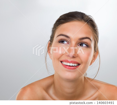 Woman, thinking and skincare with smile for beauty, dermatology and antiaging treatment shine isolated on white background. Reflection, cosmetic care and healthy skin glow with makeup in studio Woman, thinking and skincare with smile for beauty, dermatology and antiaging treatment shine isolated on white background. Reflection, cosmetic care and healthy skin glow with makeup in studio 140603491