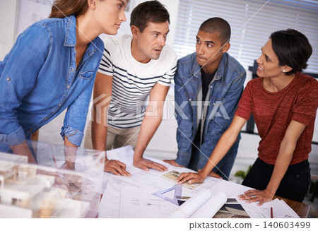 Team, planning and architects with blueprint for discussion, building or construction project in creative startup. Collaboration, designers or engineer group with drawing for brainstorming in meeting 140603499