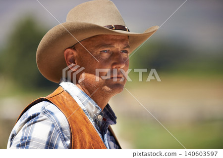 Cowboy, ranch and thinking in outdoor, sun and serious for wrangler and Texas farmer at stable. Mature man, wild west and summer in agriculture, hat and person with shirt in farm job and environment Cowboy, ranch and thinking in outdoor, sun and serious for wrangler and Texas farmer at stable. Mature man, wild west and summer in agriculture, hat and person with shirt in farm job and environment 140603597