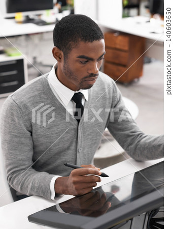 Graphic designer, computer and drawing in office professional, workplace and creativity in formal clothes. Male person, concentrate and connectivity with screen, working and sitting in table 140603650