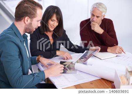 Architecture, consulting and business people in meeting with paperwork, planning and blueprint for building project. Civil engineering, development and teamwork, men and woman in office brainstorming 140603691