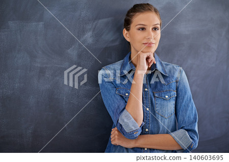 School, teacher and woman with fashion on blackboard in morning, ready to start education of students. University, tutor and person in classroom on campus at academy with casual style and confidence 140603695