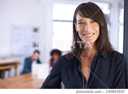 Portrait, smile and business with woman, architecture and smile with startup and entrepreneur. Face, person and employee in a modern office and professional with confidence and proud with happiness 140603697
