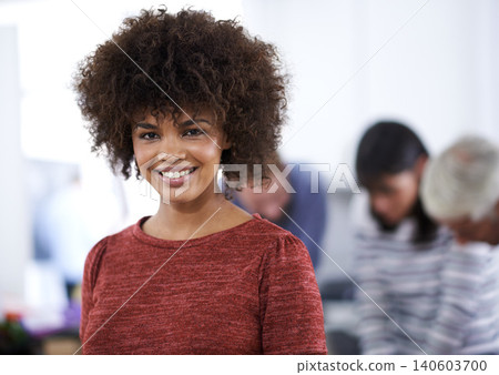 Creative, portrait and woman with smile for teamwork with colleagues, laptop and technology for working. Office, female person and girl with happiness for career in company, employee and staff Creative, portrait and woman with smile for teamwork with colleagues, laptop and technology for working. Office, female person and girl with happiness for career in company, employee and staff 140603700