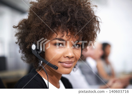 Customer support, smile and portrait of woman in office with headset working on online telemarketing consultation. Happy, call center and female consultant with crm service communication in workplace 140603716