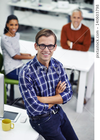 Portrait, businessman and smiling in office, technology and coworkers for web design. Professional, happy and employee for teamwork collaboration, creative and confident male person in workspace Portrait, businessman and smiling in office, technology and coworkers for web design. Professional, happy and employee for teamwork collaboration, creative and confident male person in workspace 140603798