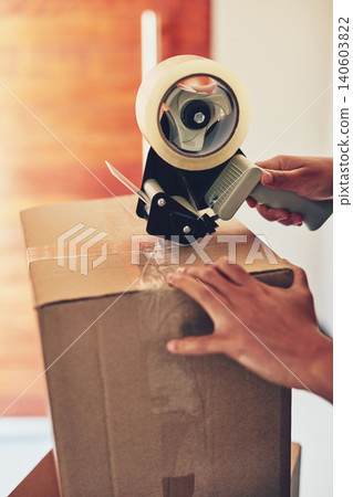 Ecommerce, business and hands with box, tape or sale product for shipping, distribution or order zoom. Logistics, online shopping or person with cardboard container for retail stock, cargo or freight Ecommerce, business and hands with box, tape or sale product for shipping, distribution or order zoom. Logistics, online shopping or person with cardboard container for retail stock, cargo or freight 140603822