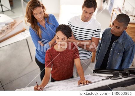Team, drawing and architects with blueprint for training, construction project or building together in startup office. Collaboration, creative designers and group with sketch, coaching and internship 140603895