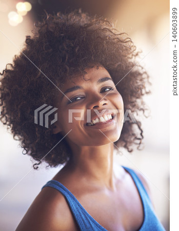 Woman, portrait and happiness in fashion with bokeh, natural beauty and casual outfit in summer. African person, face and smile with afro hairstyle, wellness or trendy style with lens flare in Africa Woman, portrait and happiness in fashion with bokeh, natural beauty and casual outfit in summer. African person, face and smile with afro hairstyle, wellness or trendy style with lens flare in Africa 140603899