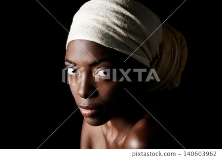 Beauty, portrait and serious black woman in headscarf, natural makeup or creative aesthetic in studio. Art, skincare and African girl on dark background with head wrap, facial cosmetics or confidence Beauty, portrait and serious black woman in headscarf, natural makeup or creative aesthetic in studio. Art, skincare and African girl on dark background with head wrap, facial cosmetics or confidence 140603962