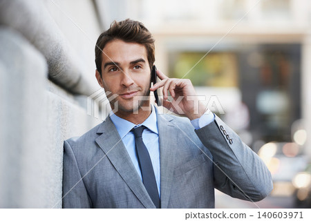 Businessman, outdoor and phone call in city networking with lawyer, client and virtual communication. Attorney, talking or conversation on smartphone at court or law firm for consultation in London 140603971