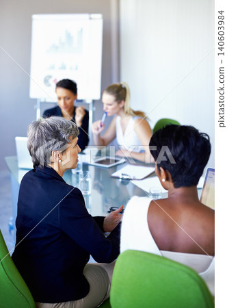 Meeting, office and business women in discussion, talking and collaboration with statistics. Teamwork, corporate and women with chart, graph and research presentation for planning, review and growth 140603984