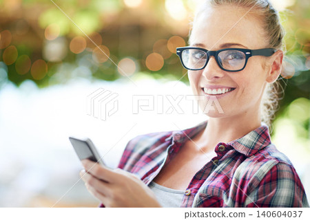 Woman, portrait and internet with phone outdoor for communication, social media and mobile chat with smile. Person, face and happy with smartphone for text message, online scroll and email with bokeh Woman, portrait and internet with phone outdoor for communication, social media and mobile chat with smile. Person, face and happy with smartphone for text message, online scroll and email with bokeh 140604037