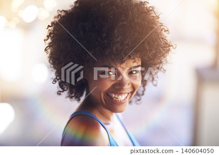 Woman, portrait and smile in fashion with lens flare, natural beauty and casual outfit in summer. African person, face and happiness with afro hairstyle, wellness or trendy style with bokeh in Africa Woman, portrait and smile in fashion with lens flare, natural beauty and casual outfit in summer. African person, face and happiness with afro hairstyle, wellness or trendy style with bokeh in Africa 140604050