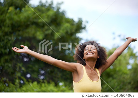 Happy, open arms and black woman in park for freedom, adventure and relax in nature. Smile, excited and person with happiness, positive attitude and fun outdoors for holiday, vacation and weekend Happy, open arms and black woman in park for freedom, adventure and relax in nature. Smile, excited and person with happiness, positive attitude and fun outdoors for holiday, vacation and weekend 140604062