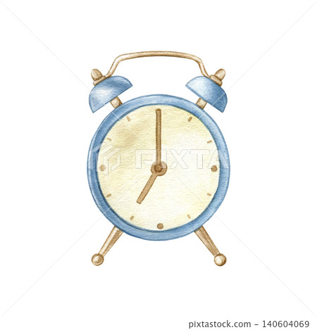 Watercolor blue alarm clock isolated illustration. Hand drawn vintage style timepiece clipart for planners, study-themed projects, office stationery, morning routine concepts and home decor elements. Watercolor blue alarm clock isolated illustration. Hand drawn vintage style timepiece clipart for planners, study-themed projects, office stationery, morning routine concepts and home decor elements. 140604069