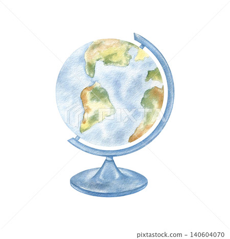 Classic watercolor globe in soft blue tones isolated illustration. Hand drawn clean minimalist clipart representing geography and learning for academic planners and school-themed designs. Classic watercolor globe in soft blue tones isolated illustration. Hand drawn clean minimalist clipart representing geography and learning for academic planners and school-themed designs. 140604070