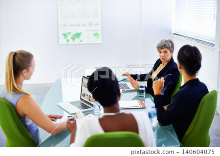 Meeting, office and business women with statistics in discussion, talking and collaboration. Teamwork, corporate and people with chart, graph and research presentation for planning, review and growth 140604075