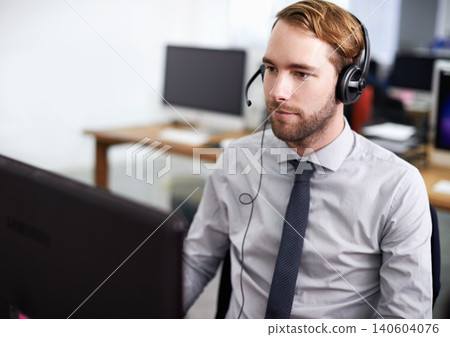 Call center, customer support and man in office with headset working on online telemarketing consultation. Career, ecommerce and male consultant or agent with crm service communication in workplace. 140604076