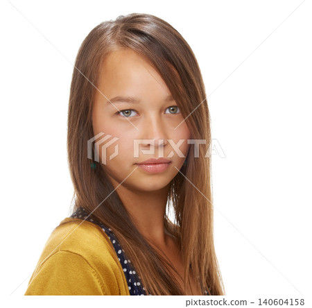 Studio, portrait and teenager with glow of natural beauty, youth and skin care for healthy shine by white background. French student, green eyes and long hair with fresh face and wellness in closeup 140604158