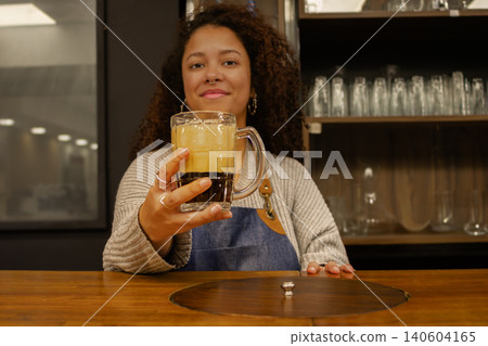 Bartender offering a refreshing dark stout beer mug in a cozy pub, celebrating craft brewing culture and the enjoyment of good drinks at a Brazil bar table 140604165