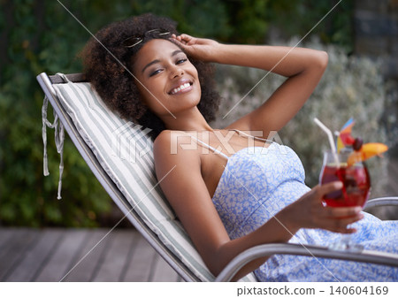 African, woman and sunbathing in chair to relax on holiday, tropical drink and sunglasses for summer time fun. Happy, smile or female person laying on resort deck, comfortable and wellness or liquid African, woman and sunbathing in chair to relax on holiday, tropical drink and sunglasses for summer time fun. Happy, smile or female person laying on resort deck, comfortable and wellness or liquid 140604169
