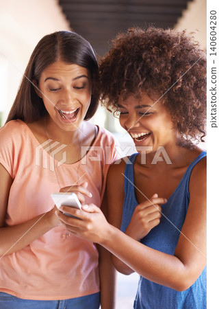 Friends, phone and laugh for meme on social media, internet and reading funny notification outdoors. Happy women, students and bonding at university, comedy and humor in conversation on app or web Friends, phone and laugh for meme on social media, internet and reading funny notification outdoors. Happy women, students and bonding at university, comedy and humor in conversation on app or web 140604280