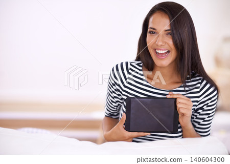 Happy woman, tablet and screen with mockup for advertising, tech and UX with website or ads for information. Portrait for online presentation, digital marketing and software, network and internet 140604300