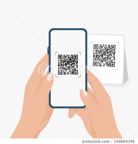 QR Code Scan, Vector Illustration. QR Code Payment and QR Code Verification with Smartphone and Printed Code. Hands Holding Mobile Phone for Contactless Payment and Digital Authentication QR Code Scan, Vector Illustration. QR Code Payment and QR Code Verification with Smartphone and Printed Code. Hands Holding Mobile Phone for Contactless Payment and Digital Authentication 140604346